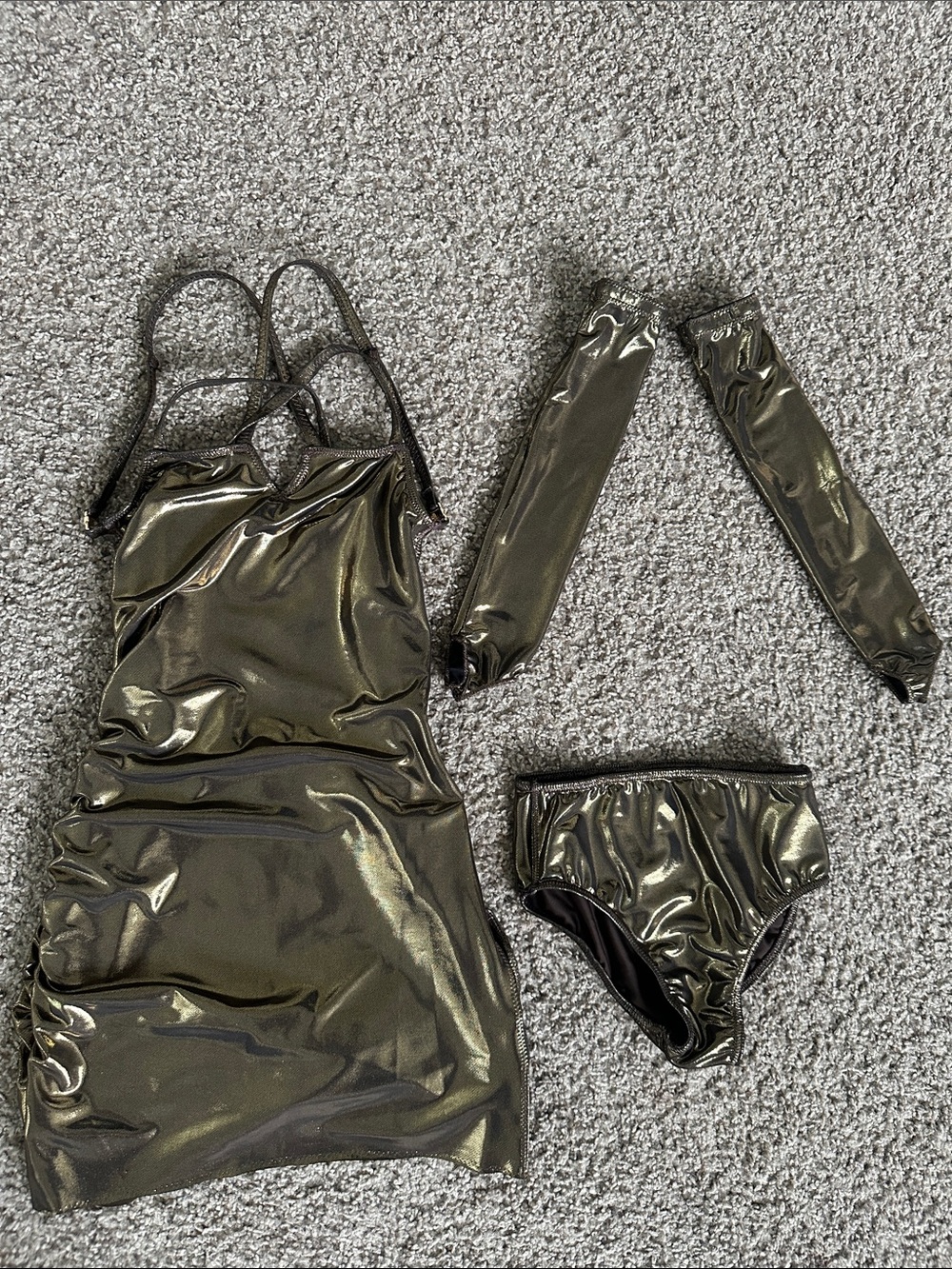 Custom made gold metallic dance costume with fingerless gloves